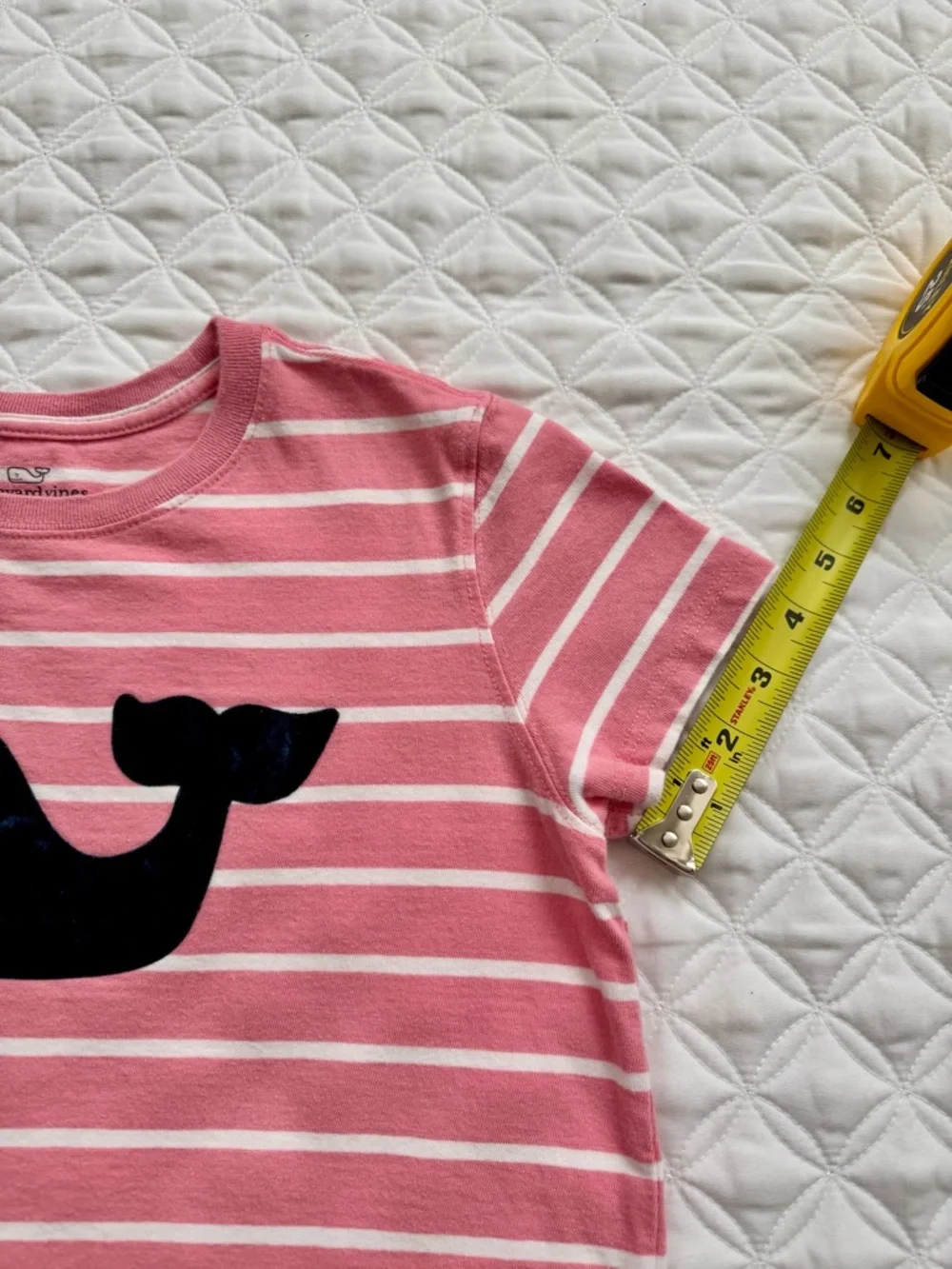 Vineyard Vines Pink White Striped Short Sleeve T-Shirt Navy Velvet Whale Size L